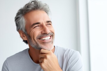 proud mature man smiling slightly and holding his face, light background