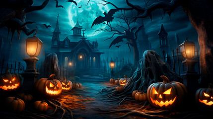 Fototapeta na wymiar halloween field cemetery candle pumpkins fire castle
