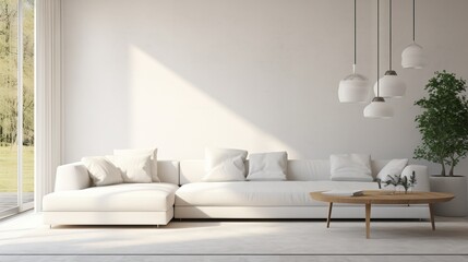 Stylish modern living room with a large white sofa in a minimalist style