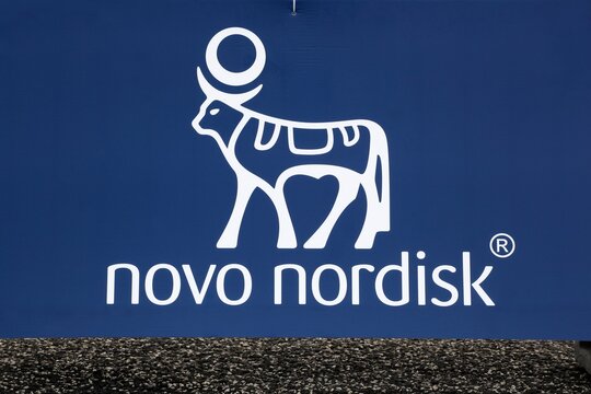 Herning, Denmark - August 18, 2022: Novo Nordisk logo on a panel. Novo Nordisk is a Danish multinational pharmaceutical company headquartered in Bagsvaerd, Denmark