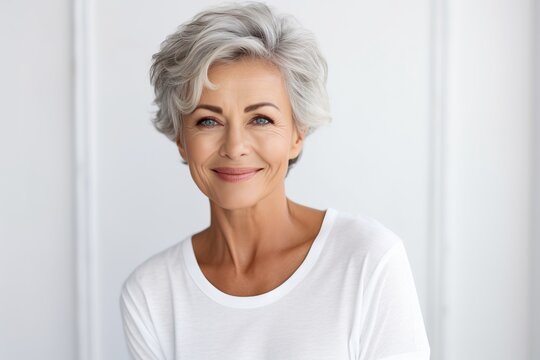 Smiling 60 years old attractive woman on white background