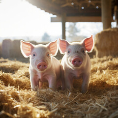 Close-up piglets playing in a pen strewn with straw, sweet little Pig
