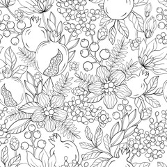 Pomegranate flowers pattern. Black and white