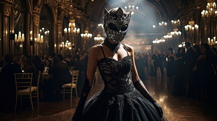 Model exuding mystery in a masked ball gown, set in a grand ballroom with chandeliers