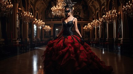 Model exuding mystery in a masked ball gown, set in a grand ballroom with chandeliers