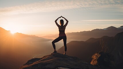 Model in activewear, performing a yoga pose on a mountain peak at sunrise