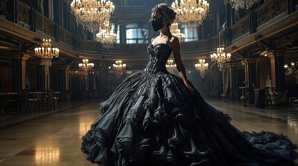 Model exuding mystery in a masked ball gown, set in a grand ballroom with chandeliers