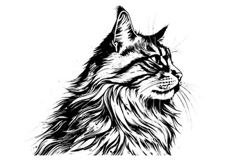Cute cat portrait hand drawn ink sketch engraving vintage style.Vector illustration. - obrazy, fototapety, plakaty