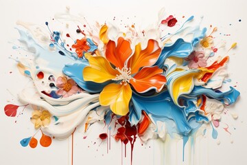 Colorful flower painting on white with blue & orange colors and a paint splash on bottom. Generative AI