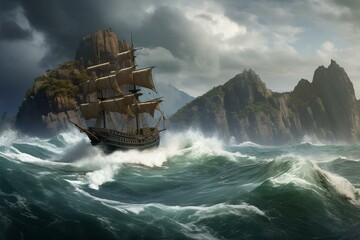 3D-rendered ship sailing through turbulent seas near a rocky island. Generative AI - obrazy, fototapety, plakaty