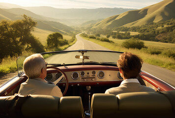 Rear view of senior man with son driving in nature in convertible car