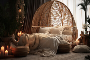 Bedroom interior decoration with rattan bohemian-style, warm tone, natural wooden in minimal design concept.