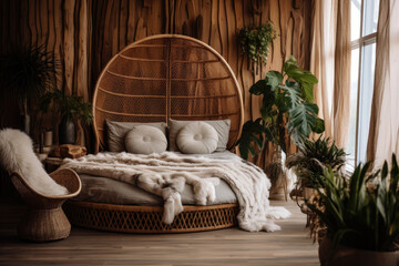 Bedroom interior decoration with rattan bohemian-style, warm tone, natural wooden in minimal design concept.