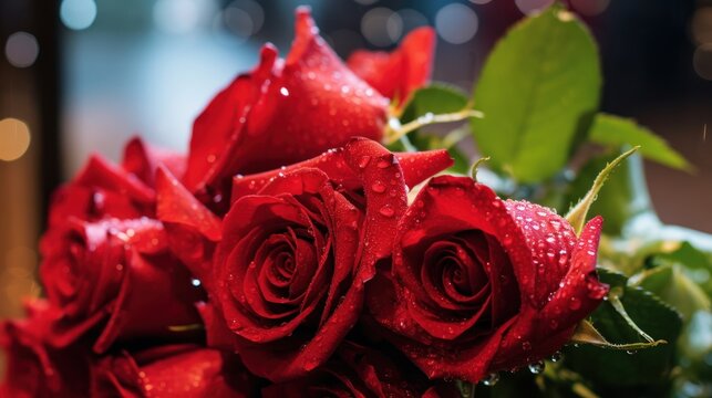 Red roses with water drops on flower shop background. Valentine's Day. Mother's day concept with a space for a text. Valentine day concept with a copy space.