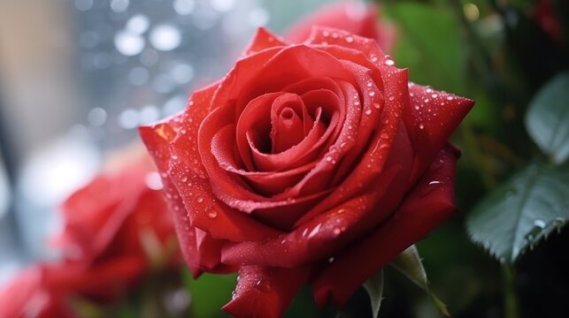 Beautiful red rose with water drops on garden background, closeup. Mother's day concept with a space for a text. Valentine day concept with a copy space.