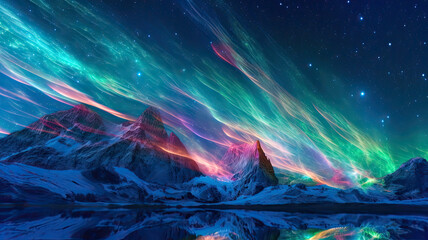 Obraz na płótnie Canvas Aurora Borealis over Snowy Mountains and Reflecting Lake,aurora borealis in the sky