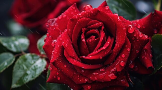 Red roses with water drops on dark background. Valentine's Day. Mother's day concept with a space for a text. Valentine day concept with a copy space.