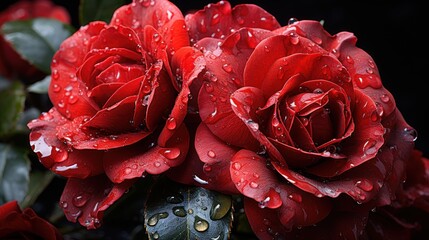 Red roses with rain drops on a dark background. Shallow depth of field. Mother's day concept with a...