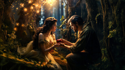 fairy tale  a man and snow white holding an apple in a forest