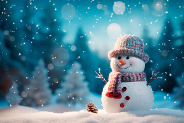 Snowman with a warm hat and scarf in a winter forest