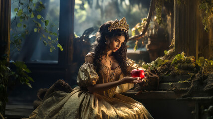 fairy tale snow white holding an apple in a forest - obrazy, fototapety, plakaty