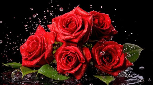 Red roses with rain drops on a dark background. Shallow depth of field. Mother's day concept with a space for a text. Valentine day concept with a copy space.