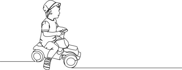 continuous single line drawing of toddler on toy car, line art vector illustration