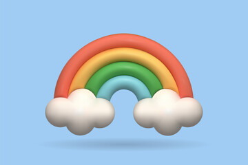 3D weather icons set rainbow against blue sky. Realistic 3d cartoon plastic weather icon. Cute element of children's design in colorful juicy colors.