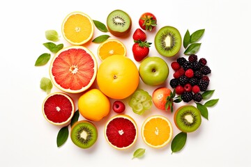 fruits are laid out on the table, top view white background. Generated AI