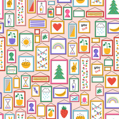 seamless bright color pattern of photos, paintings and posters on the wall. Bright design.