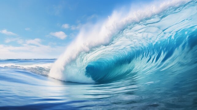 A large blue wave breaking into the ocean