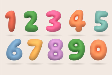 Colored numbers from 0 to 9. Realistic 3D plastic design. vector illustration Collection of volumetric inflated figures from a balloon. Set of bright bubble spherical shapes.