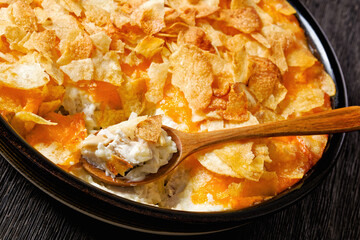 creamy cheesy chicken almond casserole, top view