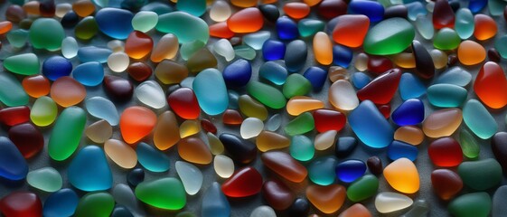 Fototapeta na wymiar Multicolored stones of rounded shape lie on the sea sandy beach in night, top view, wallpaper