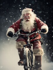Santa Clause riding his bike in the snow