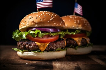 Illustration of burgers with american flag on wooden background, Generative AI