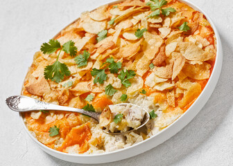 creamy cheesy chicken almond casserole, top view