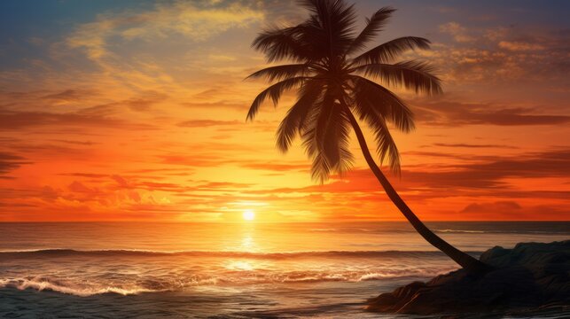 A painting of a sunset with a palm tree in the foreground