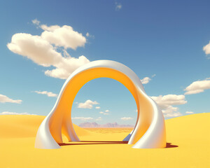 3d render surreal desert landscape with arches and clouds in the blue sky. Background of modern minimal abstract, Generative AI