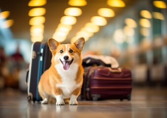 Cute smiling dog in airport with suitcase, Generative AI
