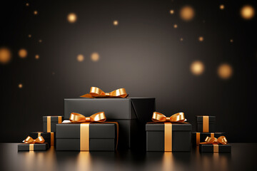Black gift box with golden bow on black background.,Black Friday Gift and Discount