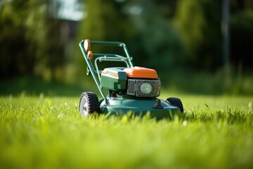 Lawn mower on lush green grass. Generative AI