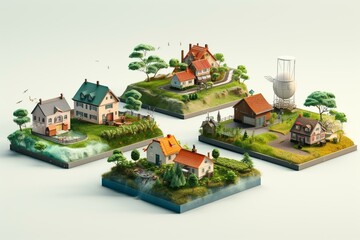 A digital farm village illustrated in 3D with a focus on smart farming. Generative AI