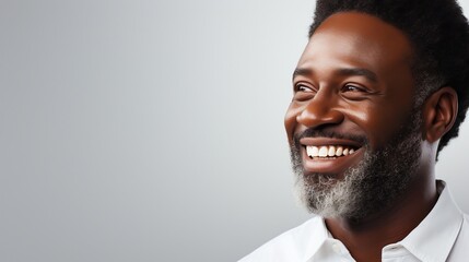 Head shot studio portrait of cheerful mature afro man in white shirt laughing having snow white smile.