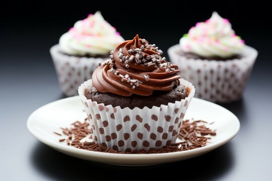 Cup of delectable chocolate cakes showcased on a clean white background