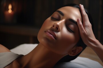 Close-up of the face of young woman lying on her back, receiving a face-lifting massage pinching and rolling technique Hands massaging a beautiful woman's face at a spa salon Facial massage for beauty