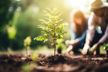 Hands planting a tree in the backyard - Environmental consciousness and home - soft focus, space for text - AI Generated