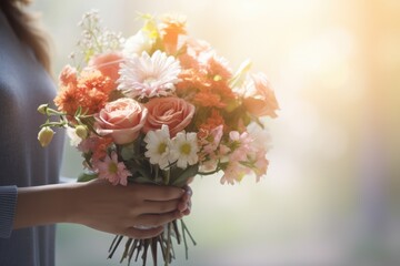Hands holding a Bouquet - Floral Gift - Soft Tones, Soft Focused Blurry Background - AI Generated