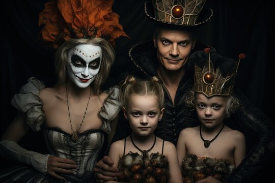 A family in halloween costumes posing for a photograph, in the style of happycore