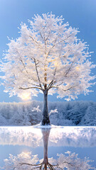 Winter Tree Reflection in a Dreamlike Landscape,tree in the snow,winter landscape with tree